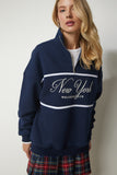 Lacivert Fermuarlı Yaka Baskılı Şardonlu Sweatshirt UB00168
