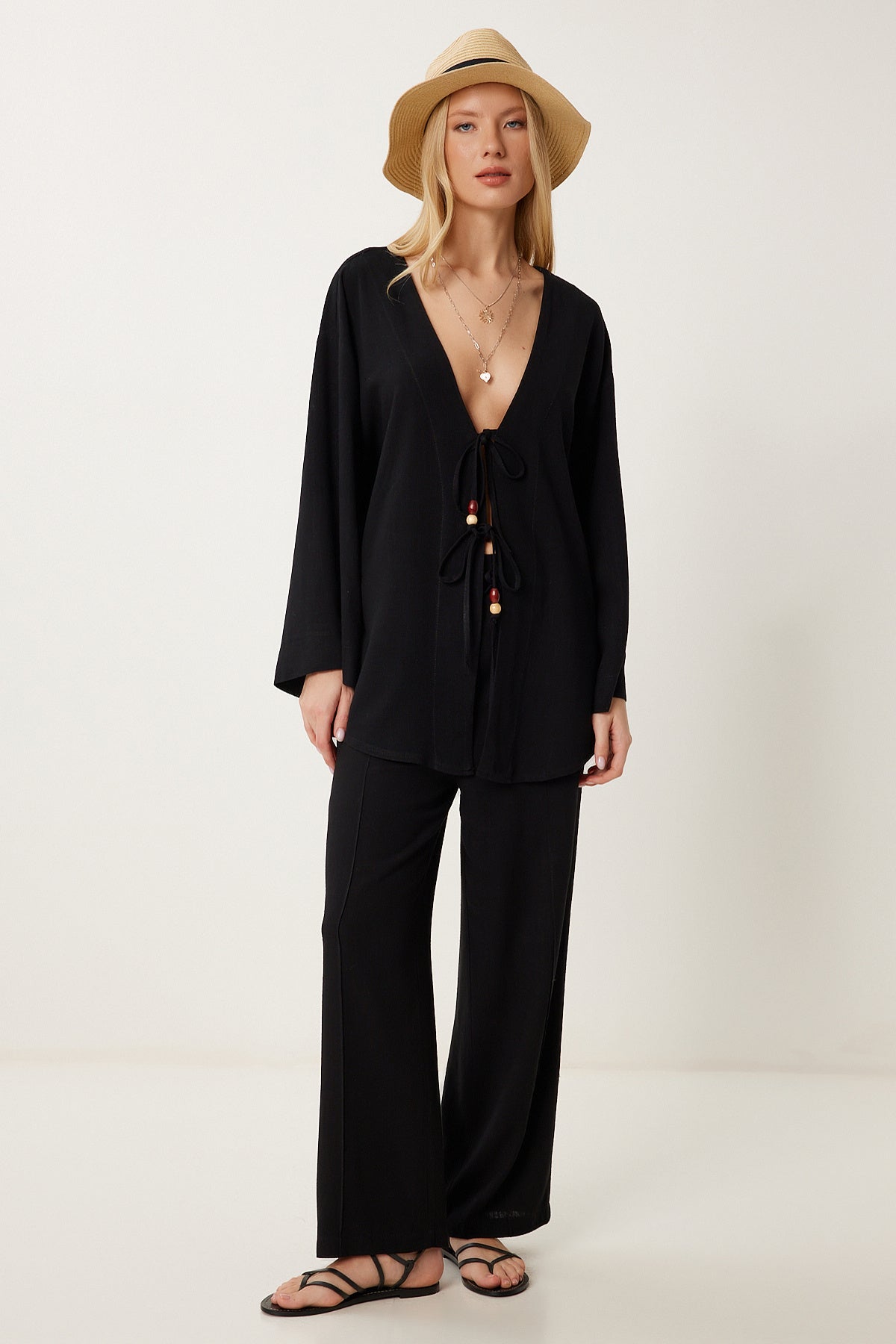 Siyah Keten Kimono Bol Palazzo Pantolon Takım RV00208