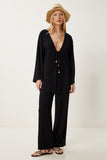 Siyah Keten Kimono Bol Palazzo Pantolon Takım RV00208