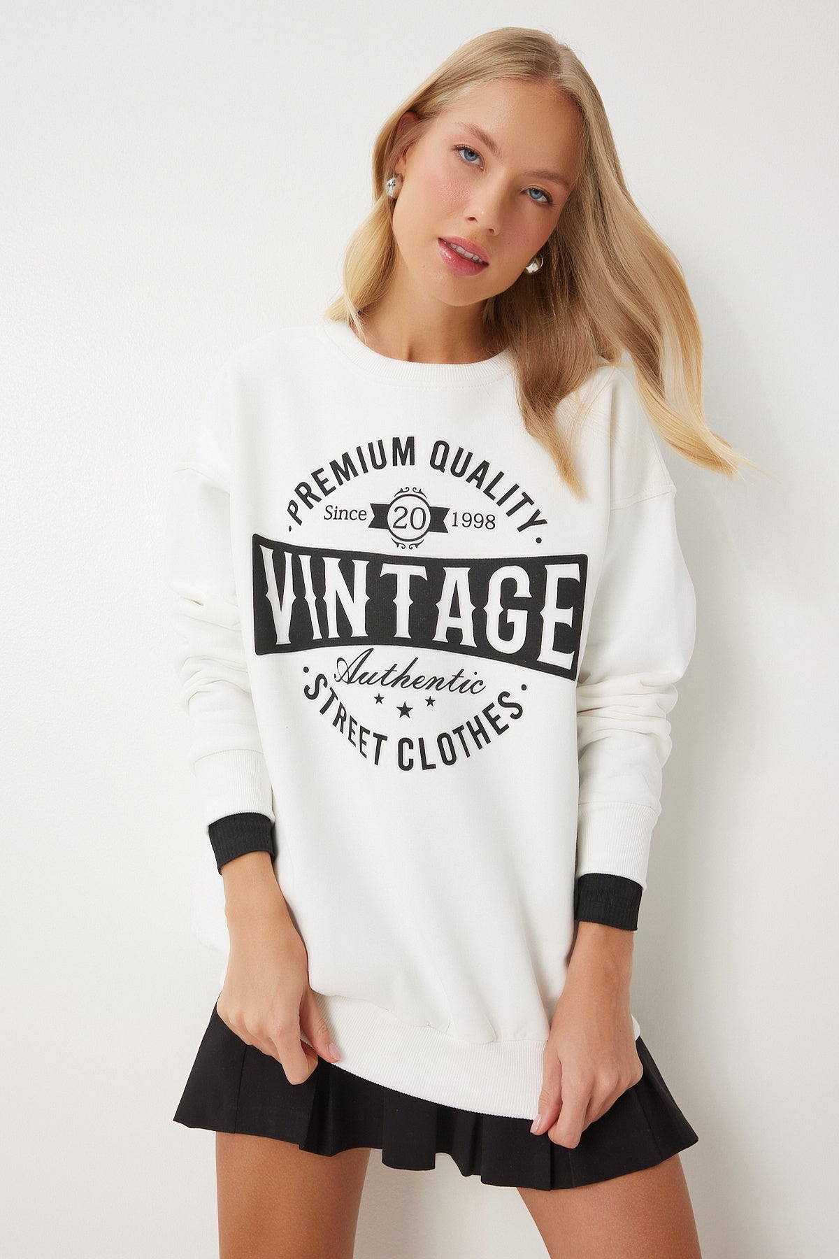 Ekru Baskılı Oversize Şardonlu Örme Sweatshirt KB00038