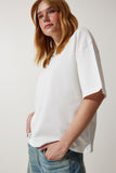 Kırık Beyaz Premium Bisiklet Yaka Oversize Örme T-Shirt AH00160