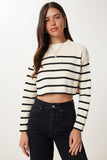 Krem Fitilli Çizgili Crop Triko Kazak PF00048