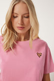 Pembe Kalp Baskılı Pamuklu Kısa Örme T-Shirt AN00224