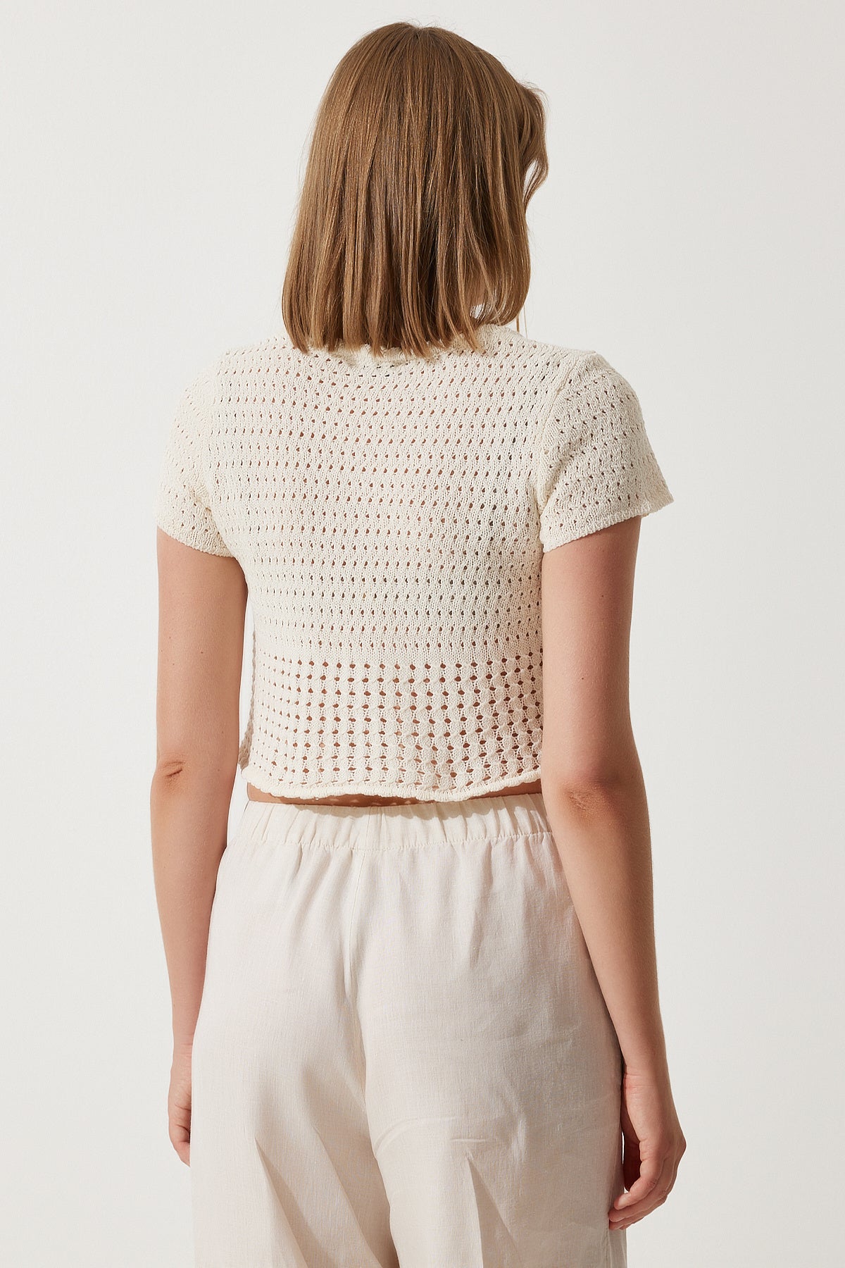 Krem Ajurlu Crop Triko Hırka BV00119