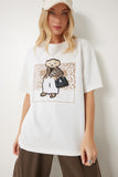 Ekru Ayıcık Armalı Pamuklu Oversize Örme T-Shirt CR00464
