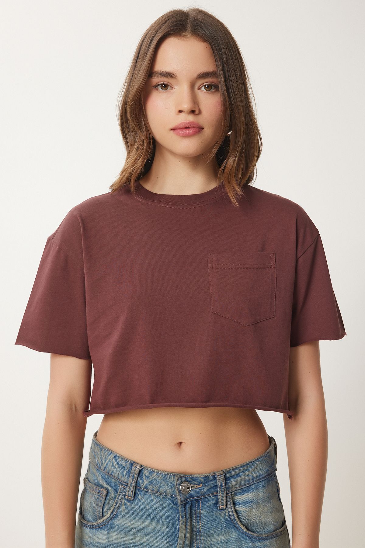 Kahverengi Pamuklu Crop Örme T-Shirt CR00443