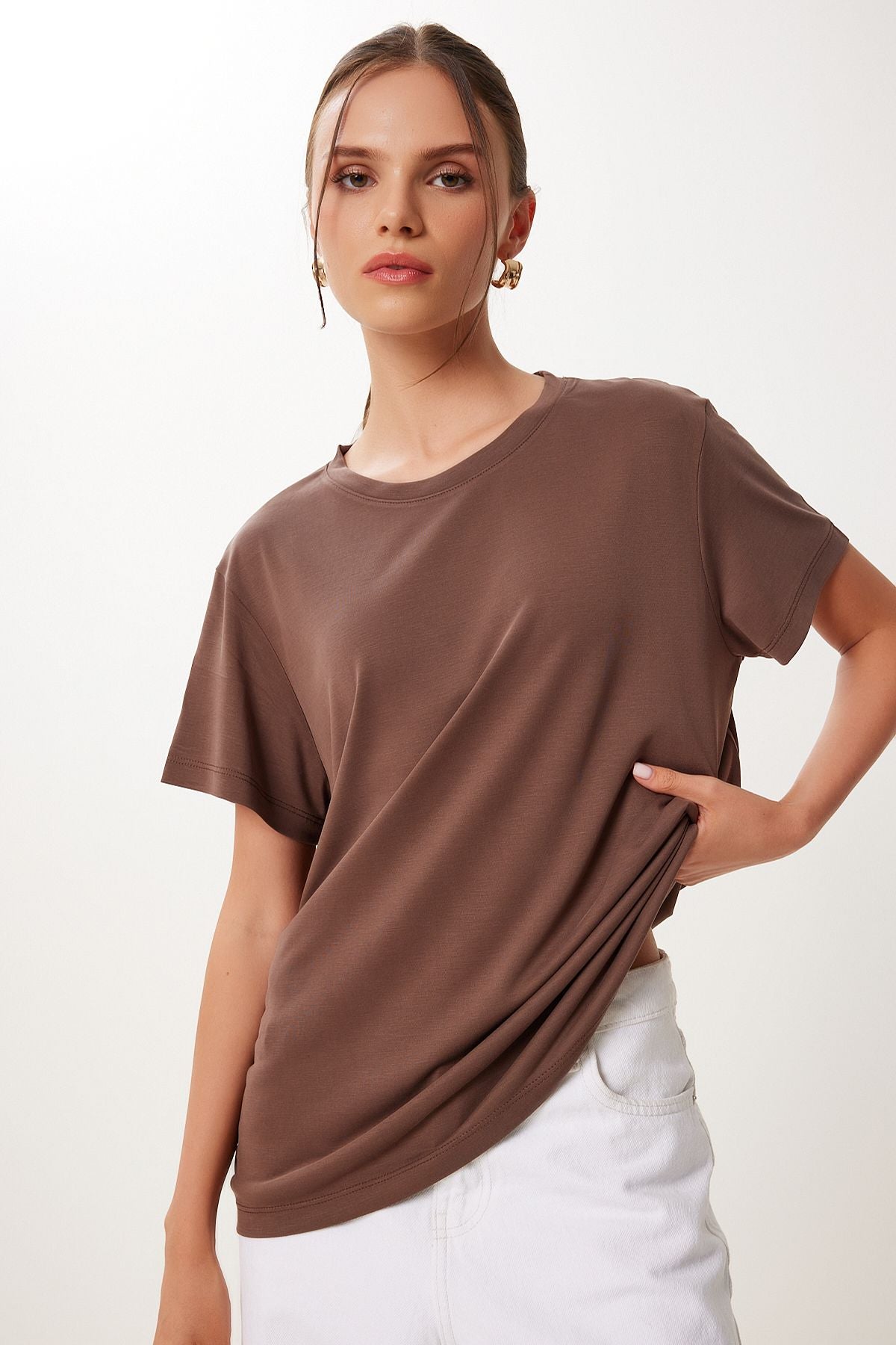 Vizon Kahverengi 2’Li Paket Basic Modal Örme T-Shirt FN03468