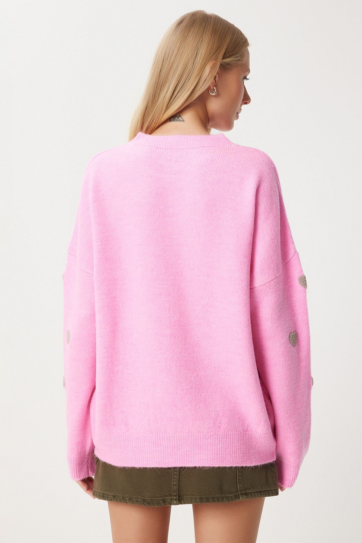 Pembe Kalp Dokulu Oversize Triko Kazak PF00088