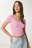 Pembe Basic Crop Örme Bluz FW00007
