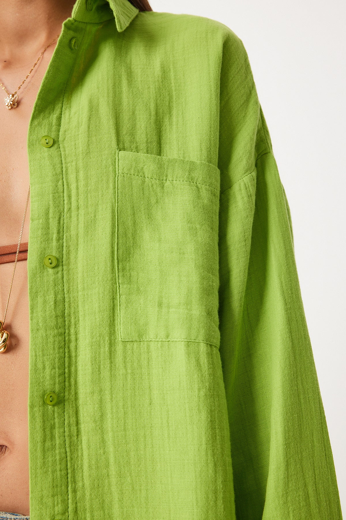 Fıstık Yeşili Oversize Basic Müslin Gömlek  MX00150