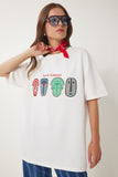 Ekru Oversize Baskılı Örme T-Shirt ZV00279