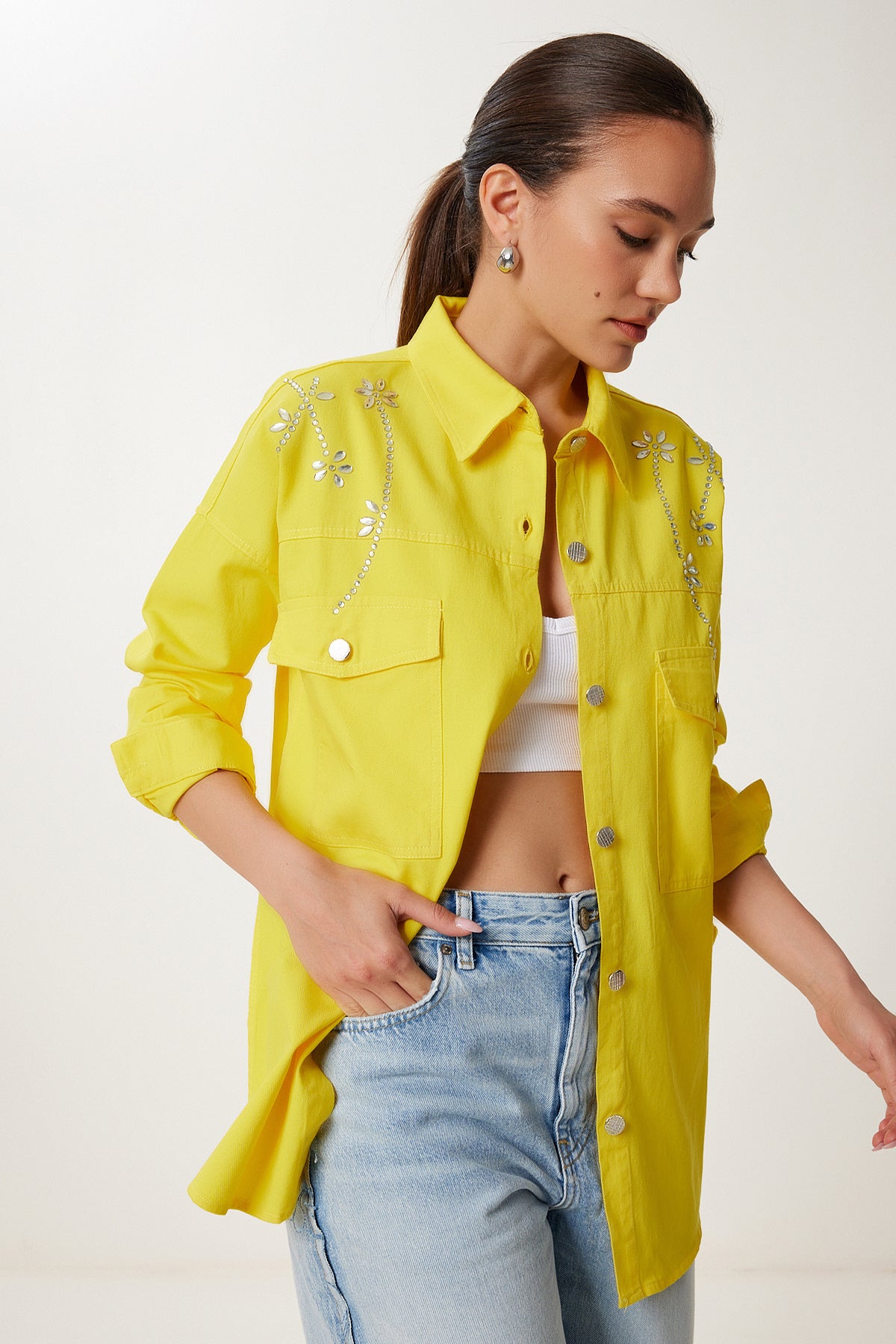 Sarı Taşlı Oversize Gabardin Gömlek Ceket SA00040
