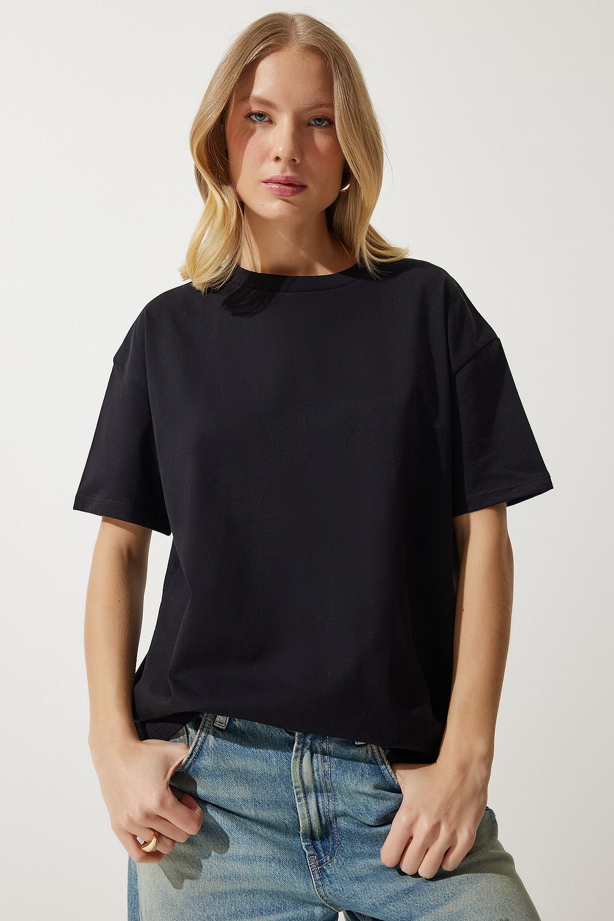 Siyah Bol Basic Pamuklu T-Shirt BP00151
