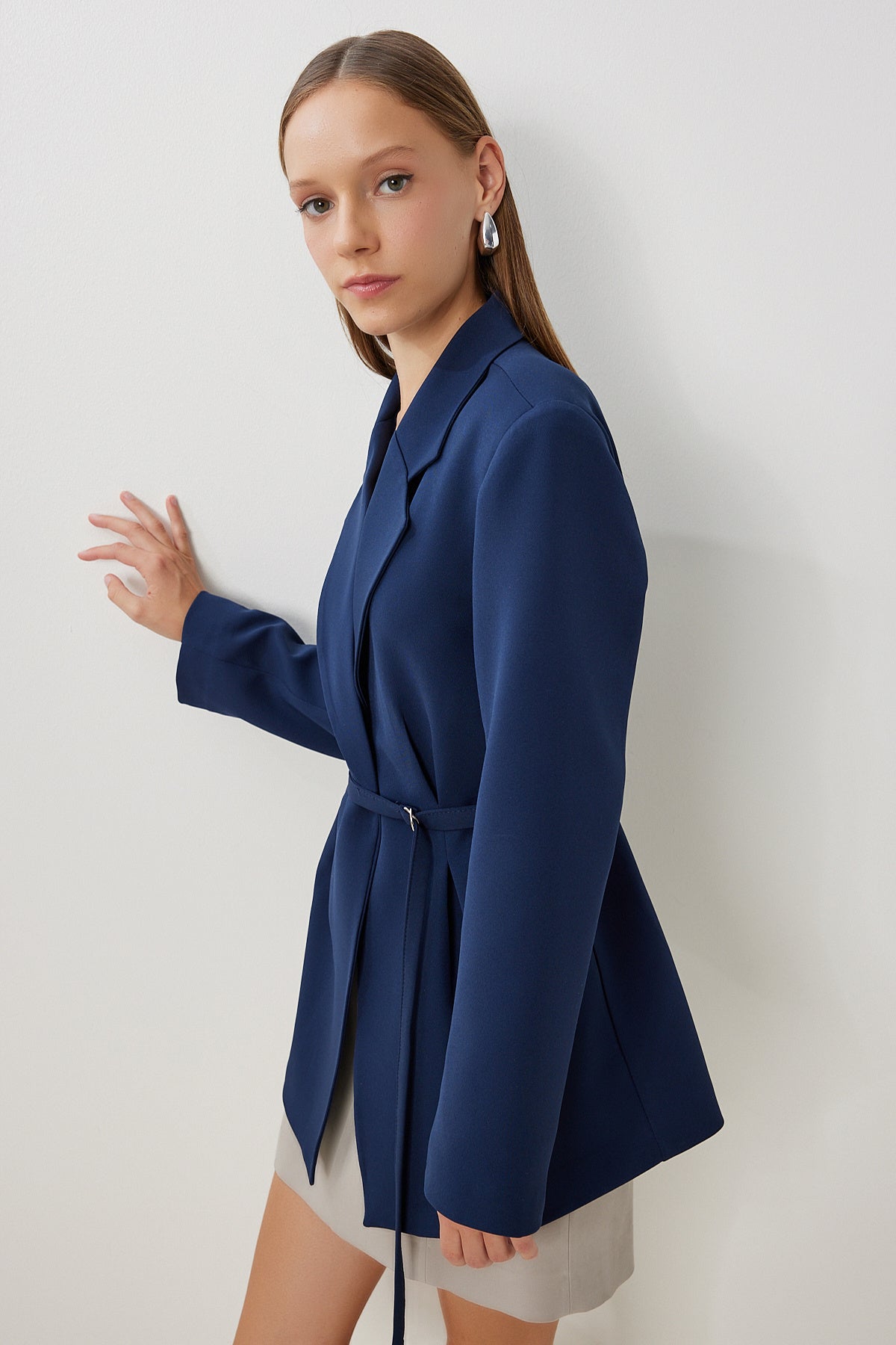 Lacivert Vatkalı Kemerli Blazer Dokuma Ceket KT00023