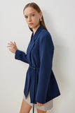 Lacivert Vatkalı Kemerli Blazer Dokuma Ceket KT00023