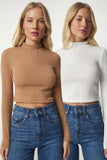 Beyaz Bisküvi Dik Yaka Fitilli Kaşkorse 2’li Paket Crop Bluz ub00175