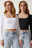 Siyah Beyaz Kare Yaka Fitilli 2'Li Paket Crop Örme Bluz AN00180