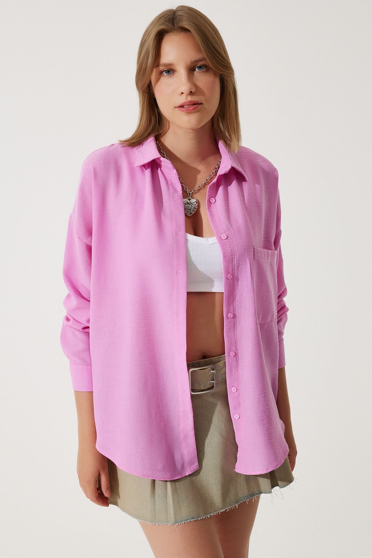 Açık Pembe Oversize Keten Ayrobin Gömlek DD01222