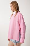 Pembe Yandan Yırtmaçlı Oversize Örme Sweatshirt UL00050