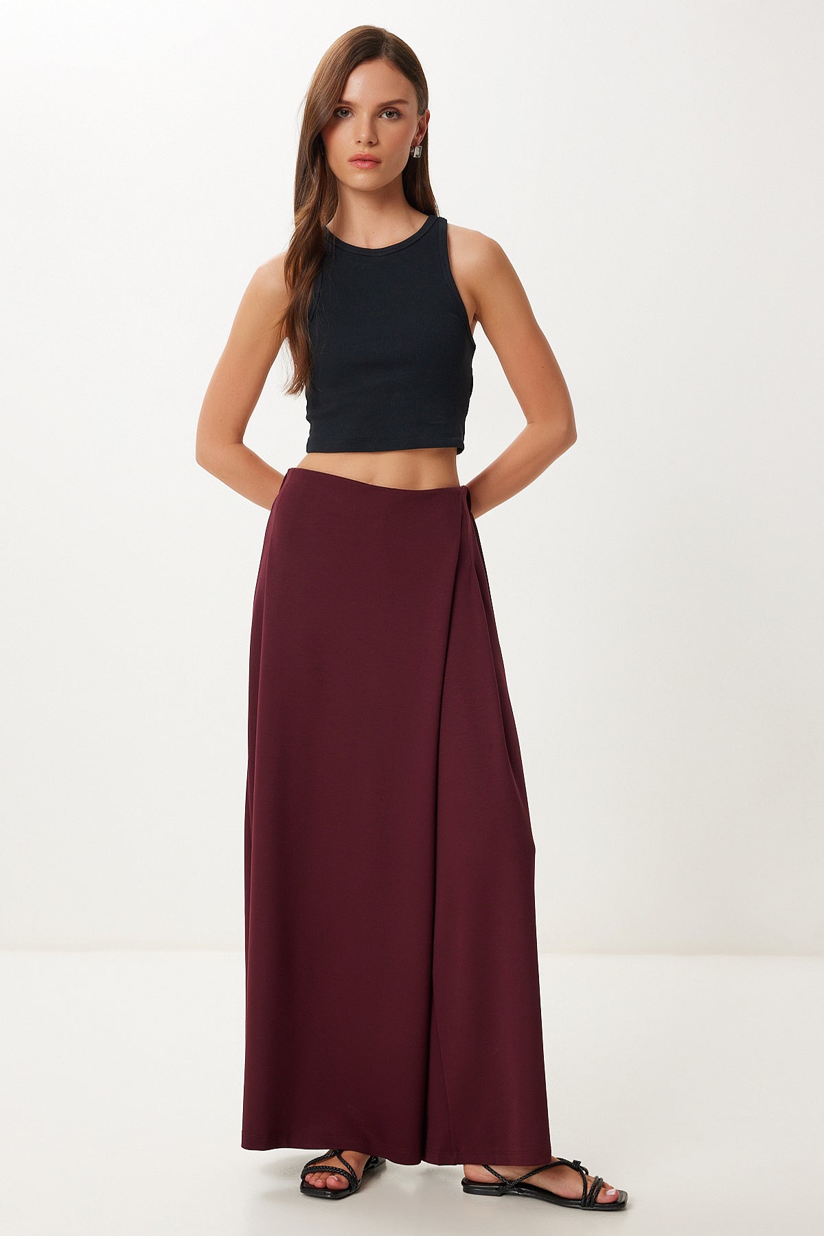 Bordo Etek Görünümlü Esnek Örme Şalvar Pantolon CR00520