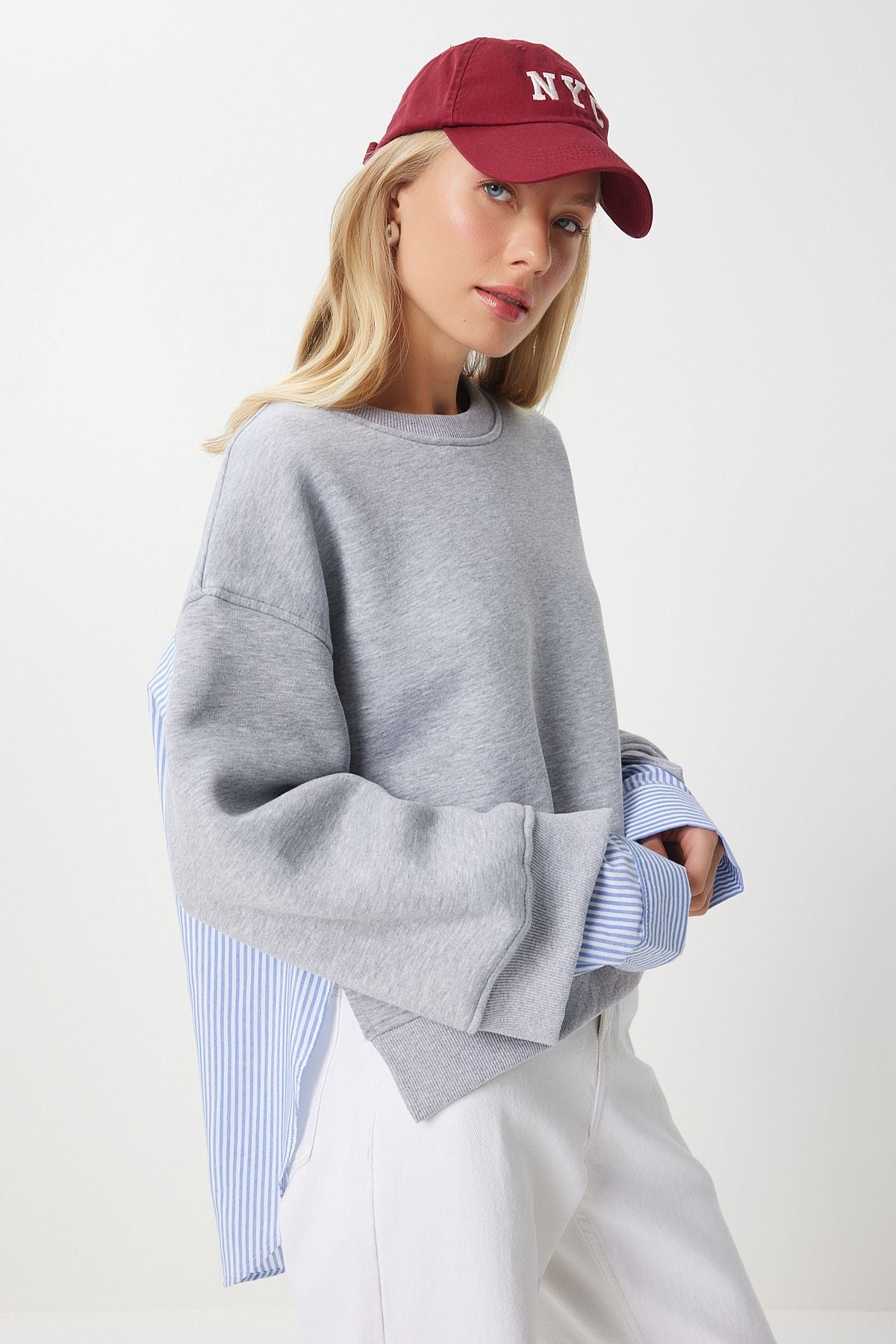 Gri Mavi Oversize Gömlekli Sweatshirt DP00214