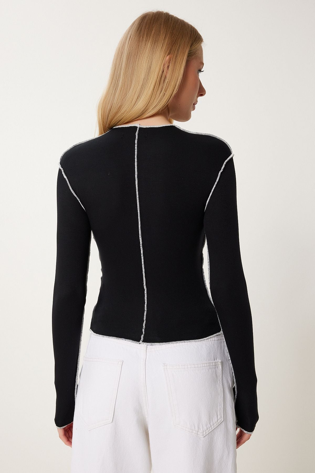Siyah Şerit Detaylı Fitilli Viskon Bluz NS00455