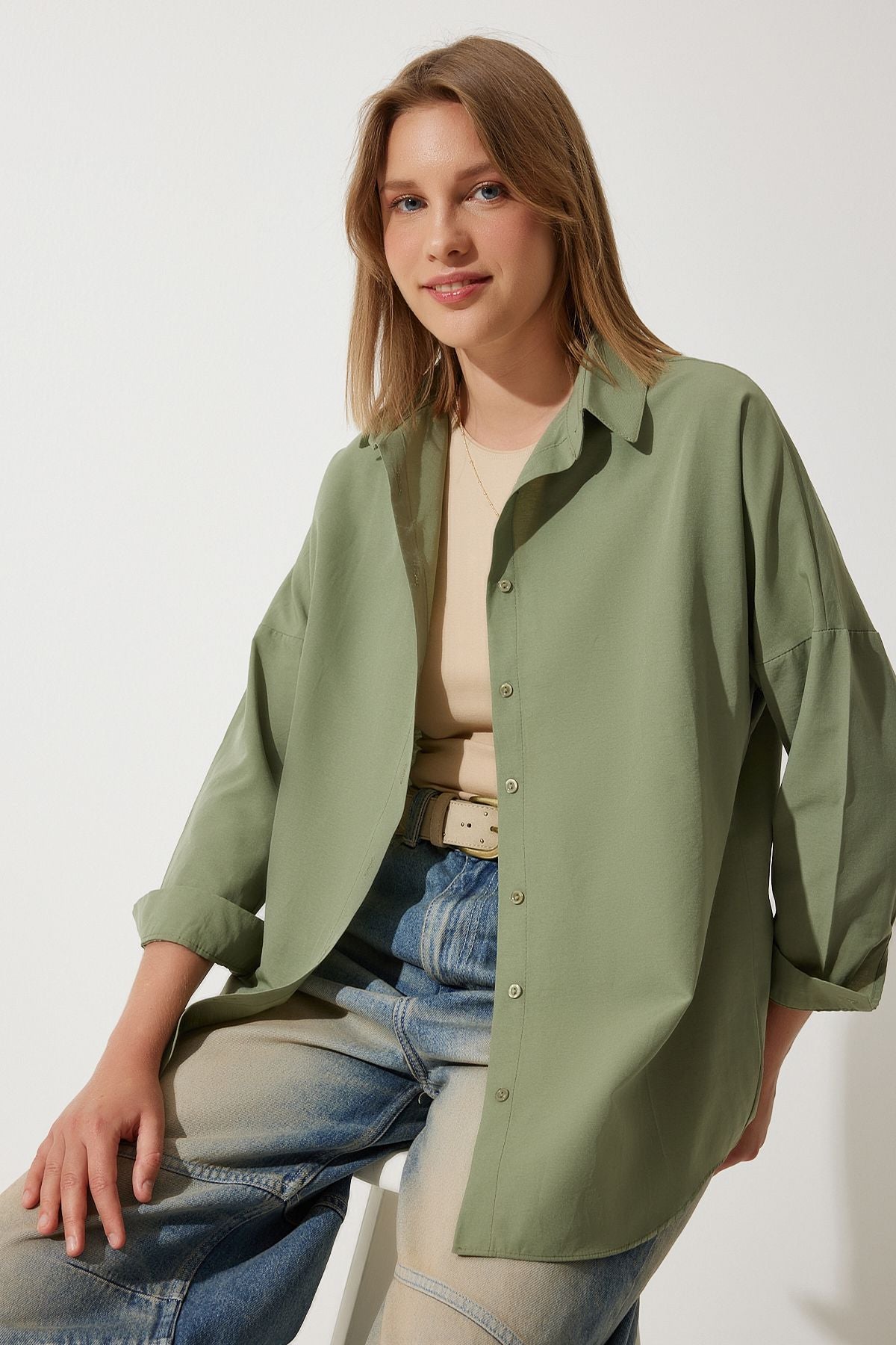 Haki Oversize Uzun Basic Gömlek DD00842