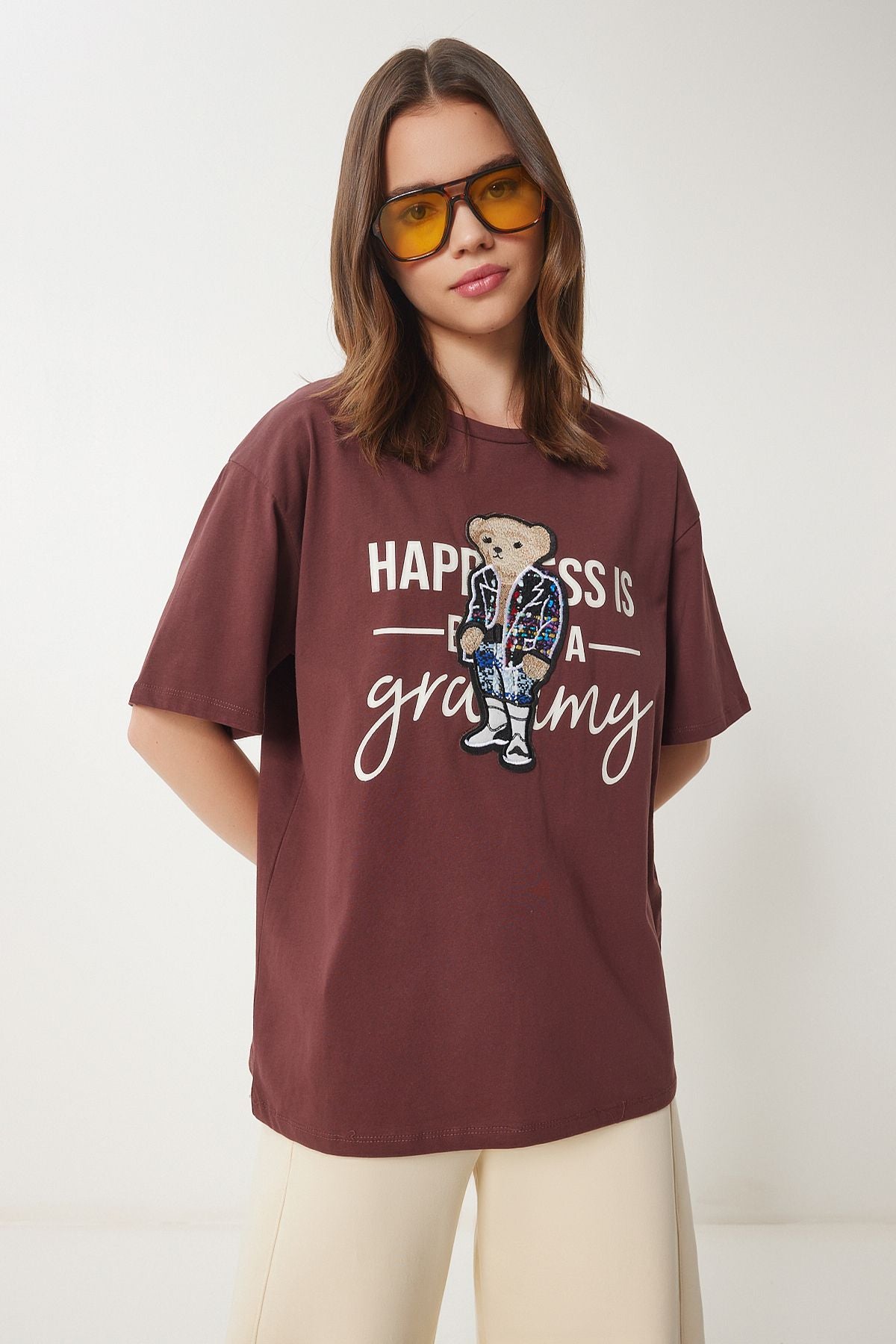 Kahverengi Ayıcık Armalı Pamuklu Oversize Örme T-Shirt CR00461