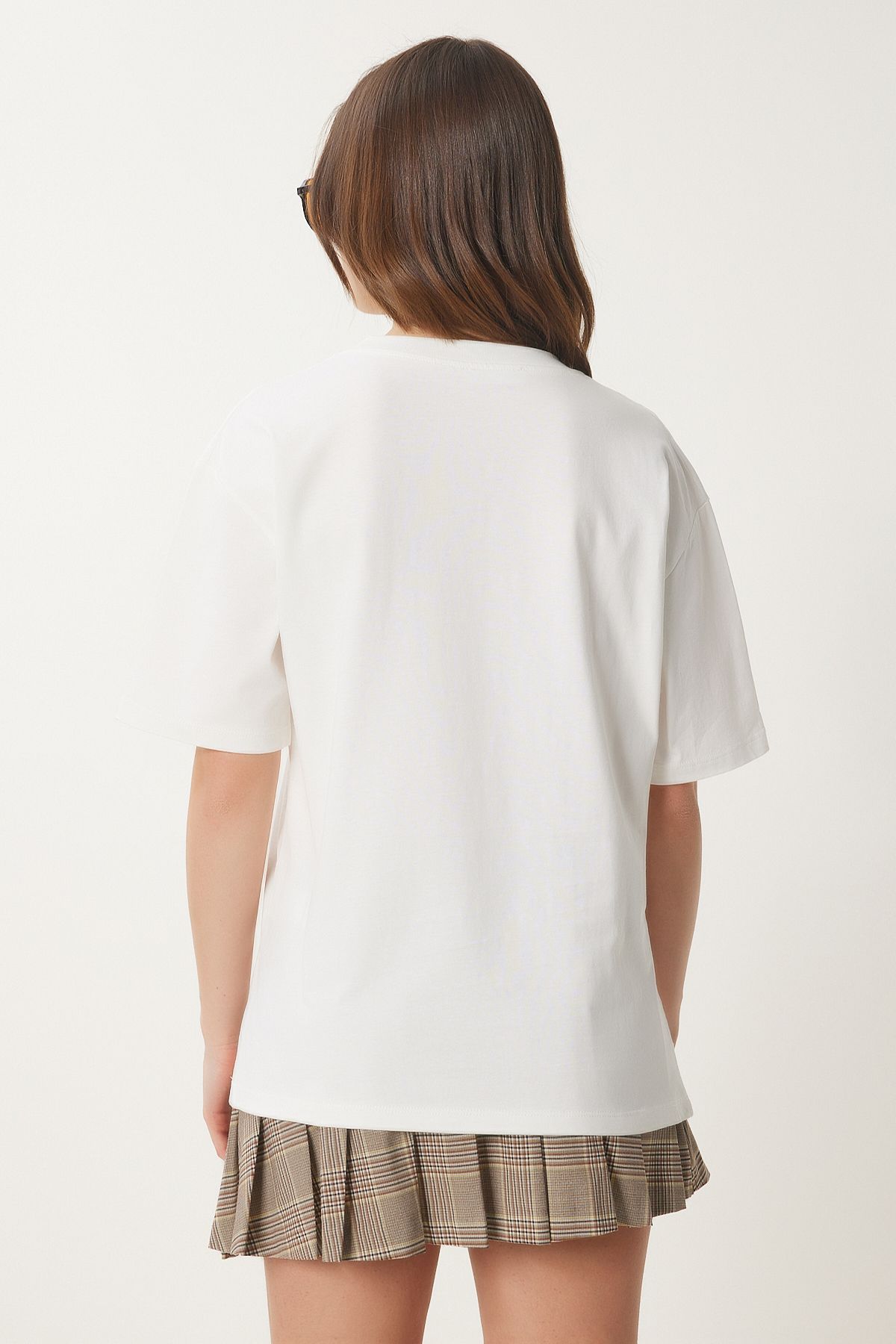 Ekru Nakışlı Pamuklu Oversize Örme T-Shirt CR00457