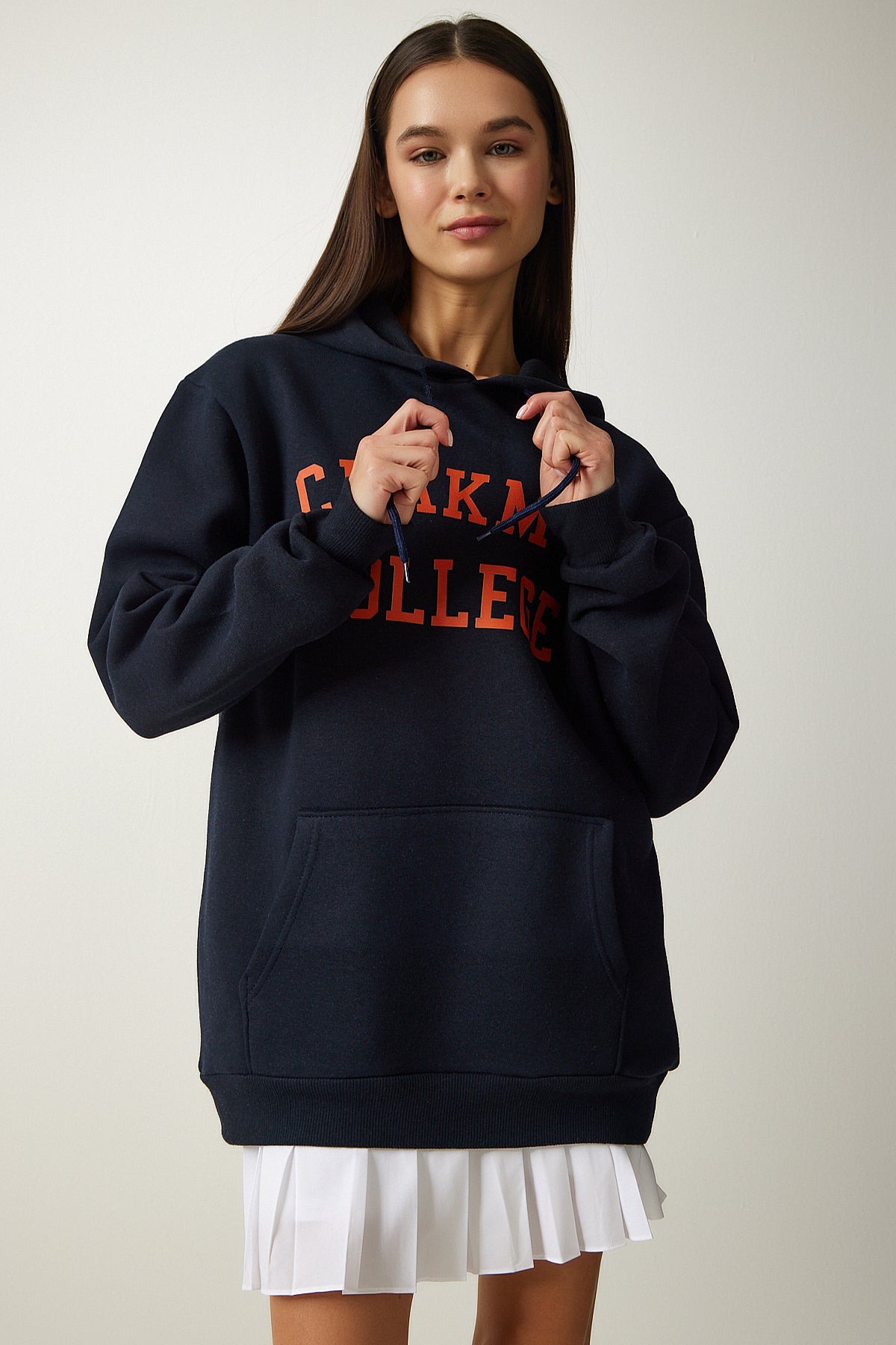 Koyu Lacivert Baskılı Kapüşonlu Şardonlu Sweatshirt OW00012
