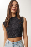 Siyah Taşlı Fitilli Crop Bluz KH00099