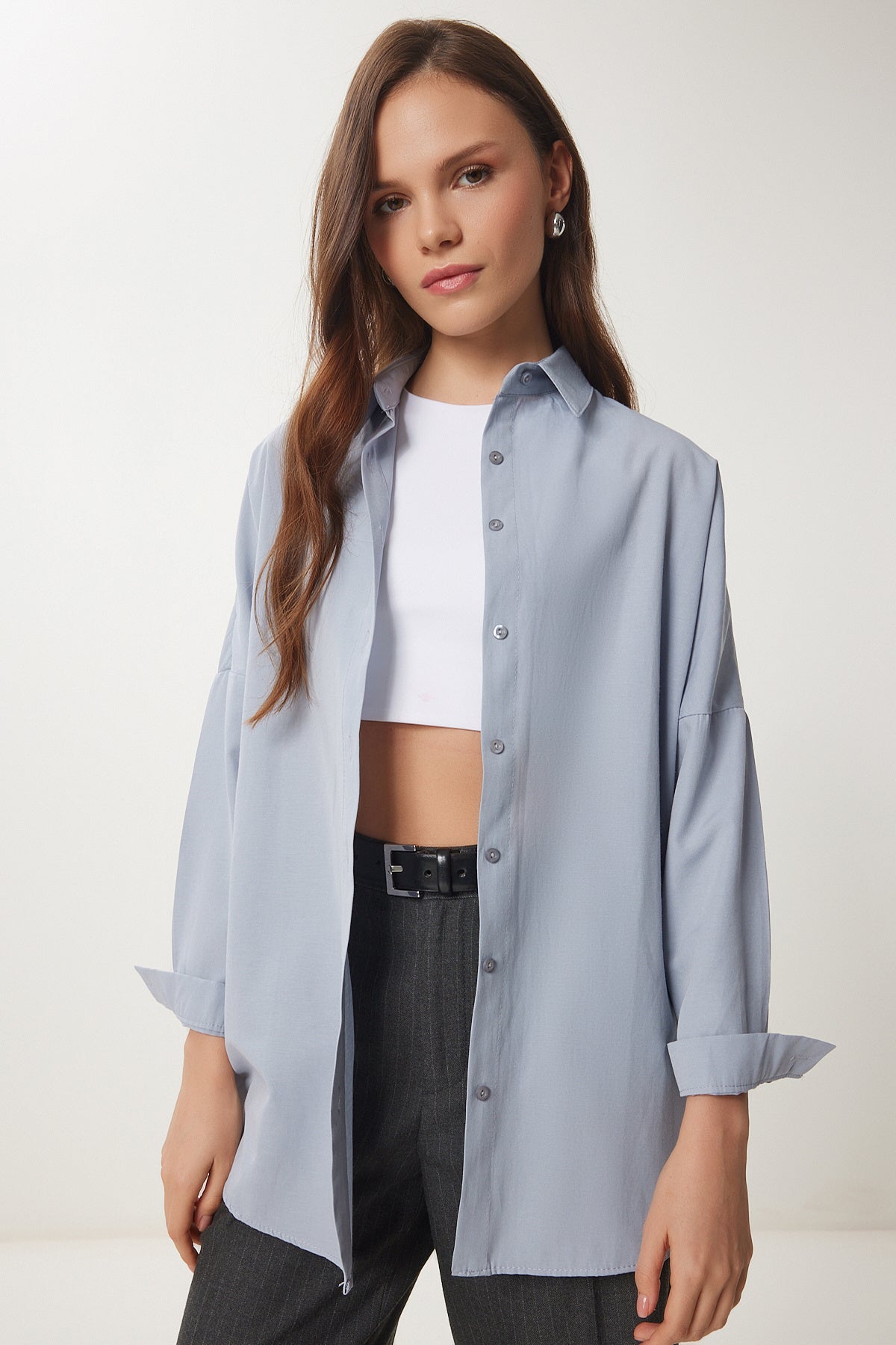 Gri Oversize Uzun Basic Gömlek  DD00842