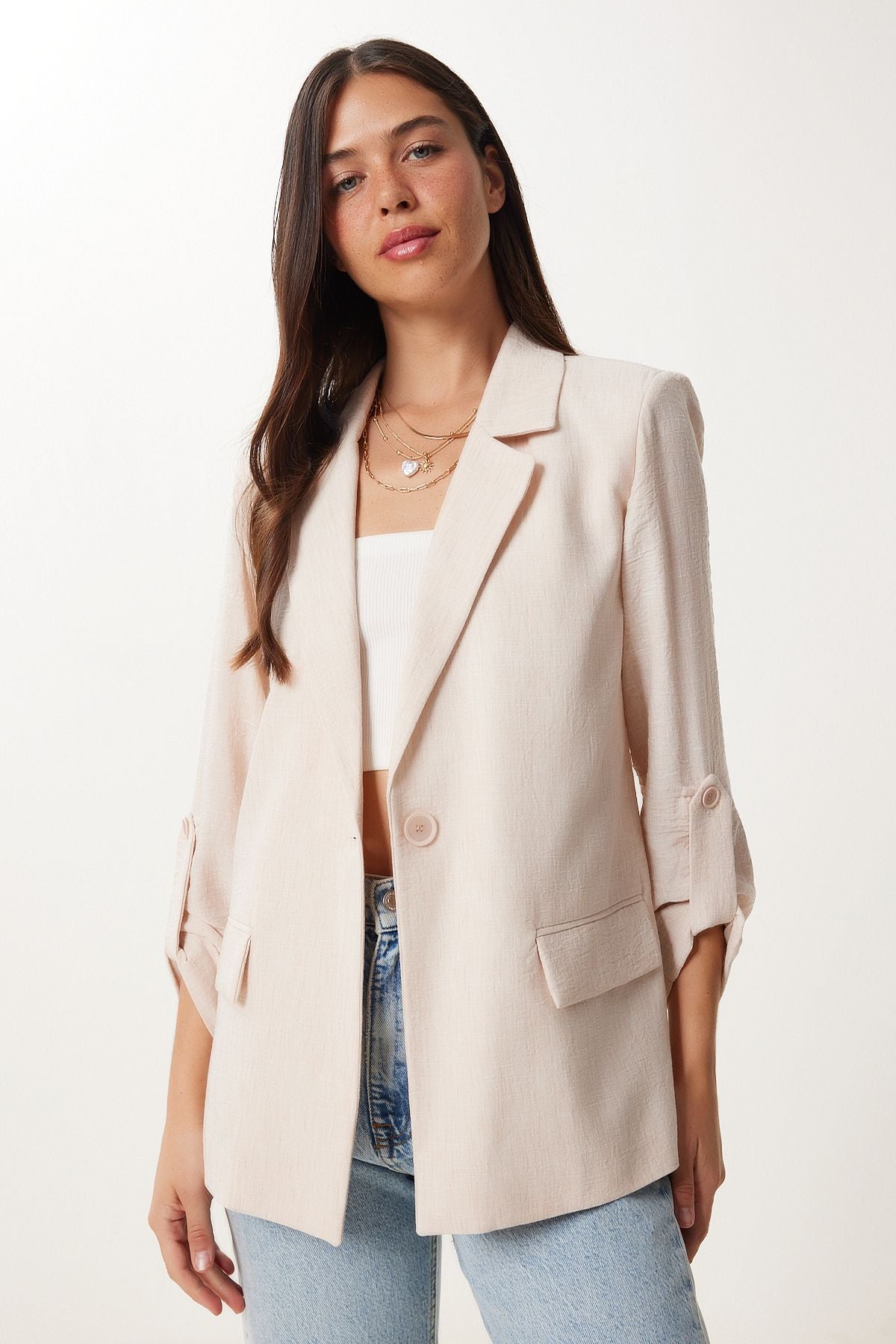 Bej Vatkalı Keten Blazer Ceket XL00003