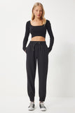 Siyah Kordon Kemerli Dokuma Jogger Eşofman Pantolon DD01341