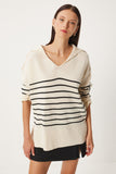 Krem Şal Yaka Çizgili Oversize Triko Kazak  FN03345