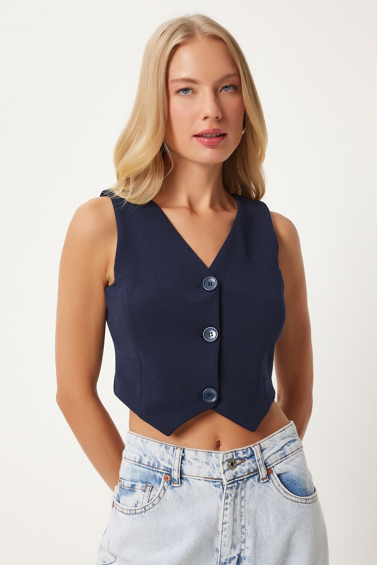 Lacivert V Yaka Likralı Crop Örme Yelek RV00198