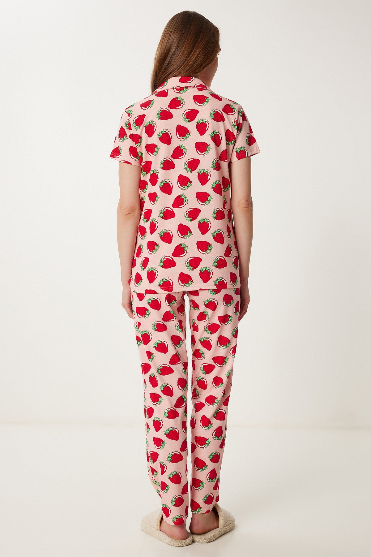 Pembe Kırmızı Desenli Gömlek Alt Örme Pijama Takımı FP00010
