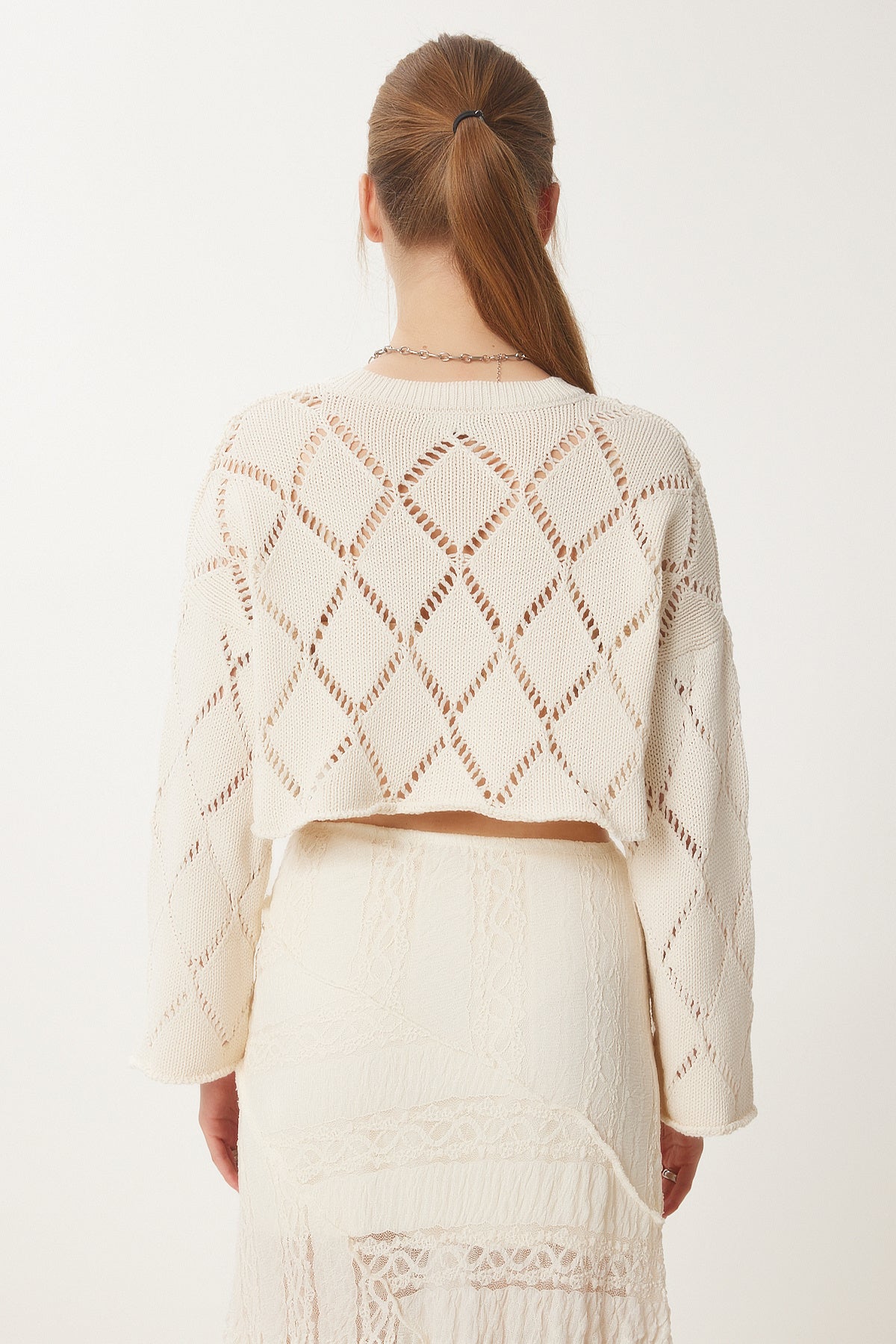 Krem İspanyol Kol Ajurlu Crop Triko Kazak DM00105
