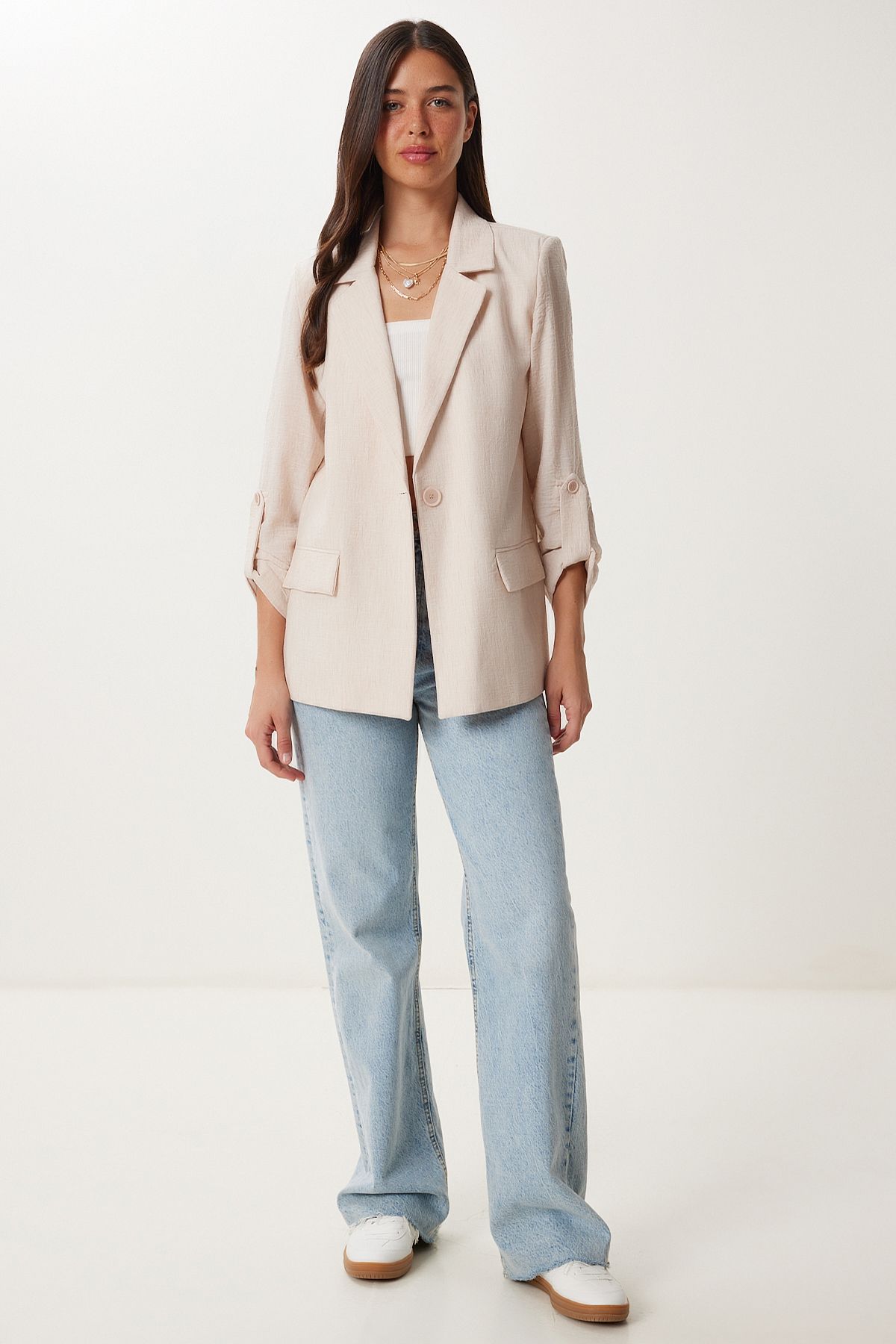 Bej Vatkalı Keten Blazer Ceket XL00003