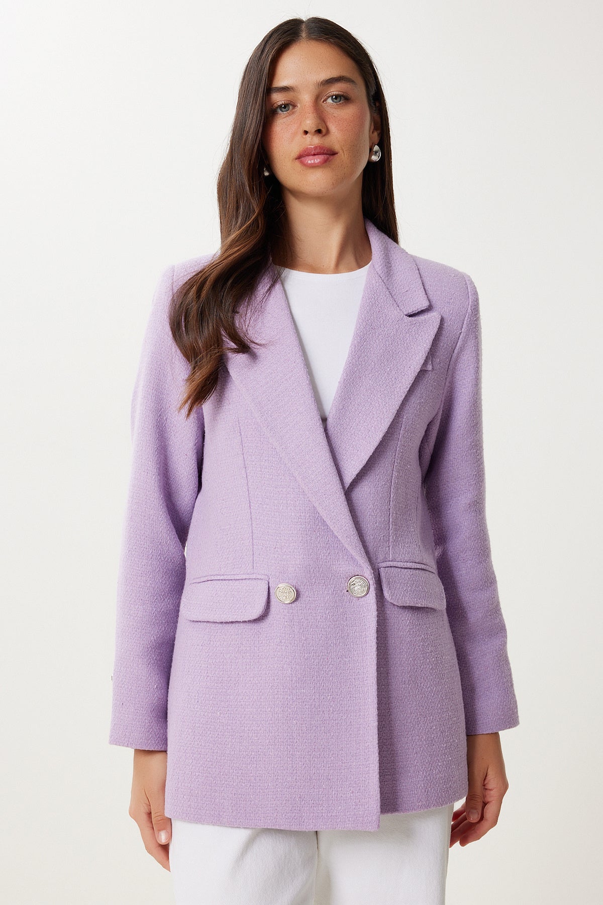 Lila Vatkalı Şık Düğmeli Tüvit Blazer Ceket XL00005
