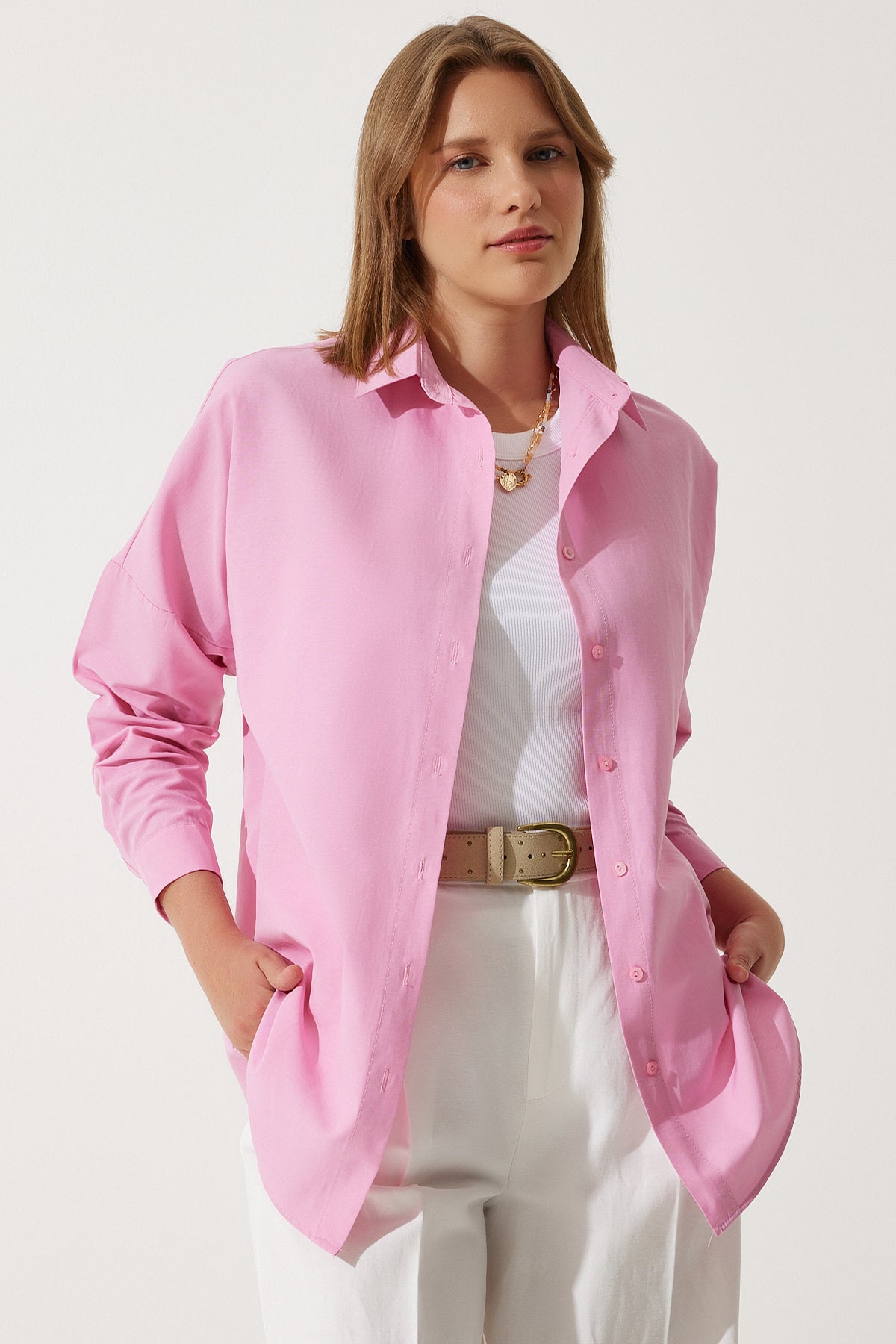 Pembe Oversize Uzun Basic Gömlek  DD00842