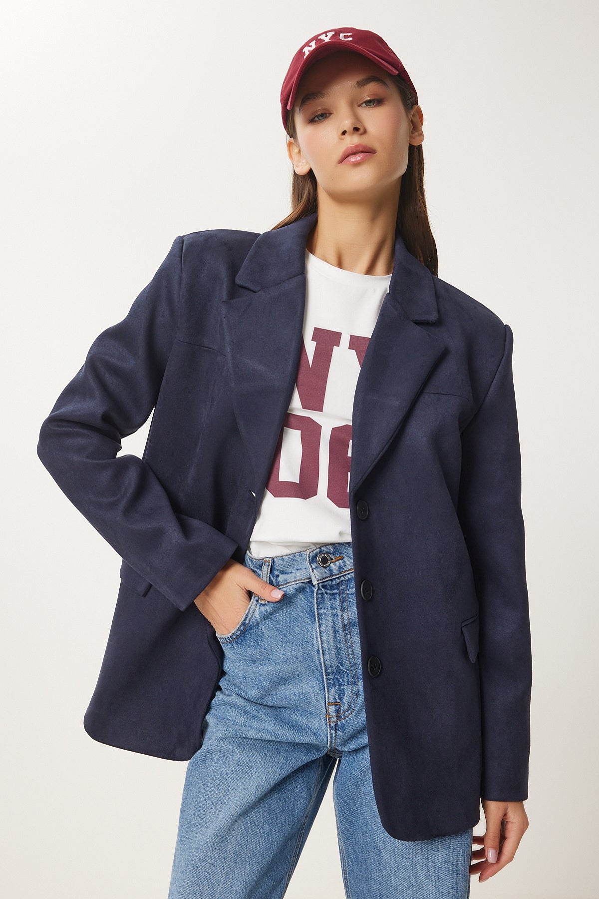 Koyu Lacivert Premium Süet Blazer Ceket FN03443