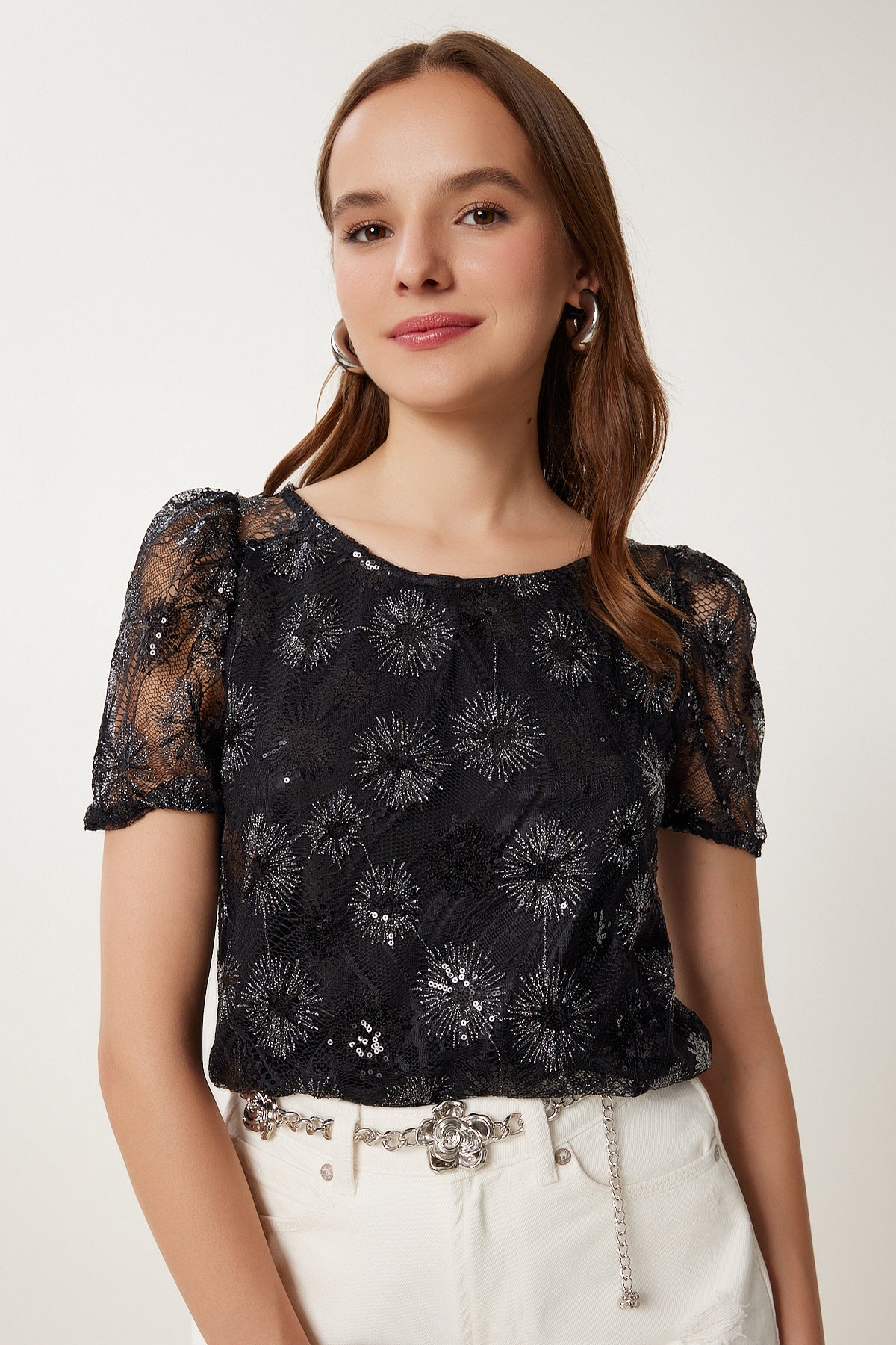 Siyah Pul İşlemeli Transparan Crop Bluz TP00065