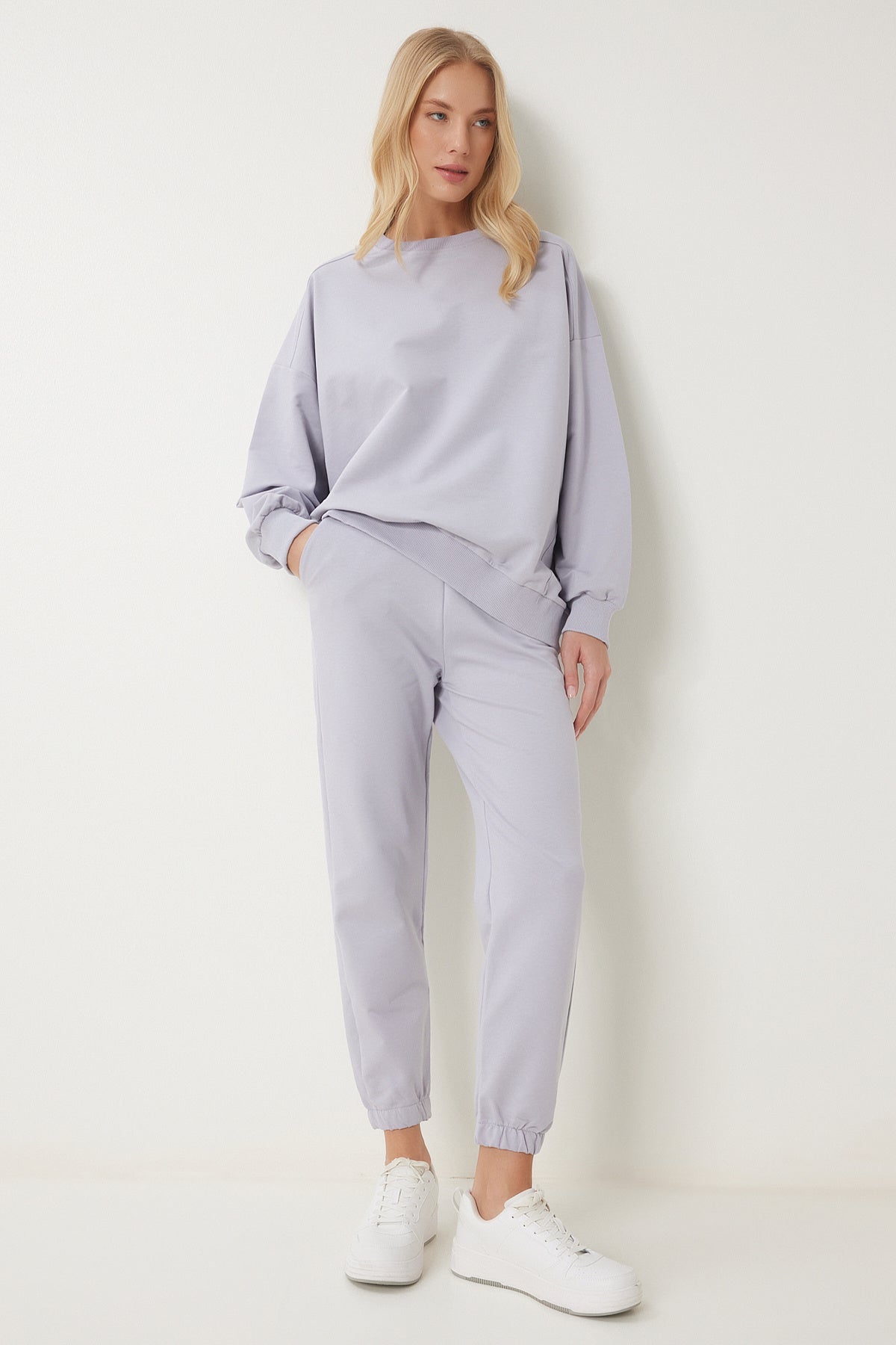 Taş Grisi Bisiklet Yaka Oversize Örme Eşofman Takımı FN03456