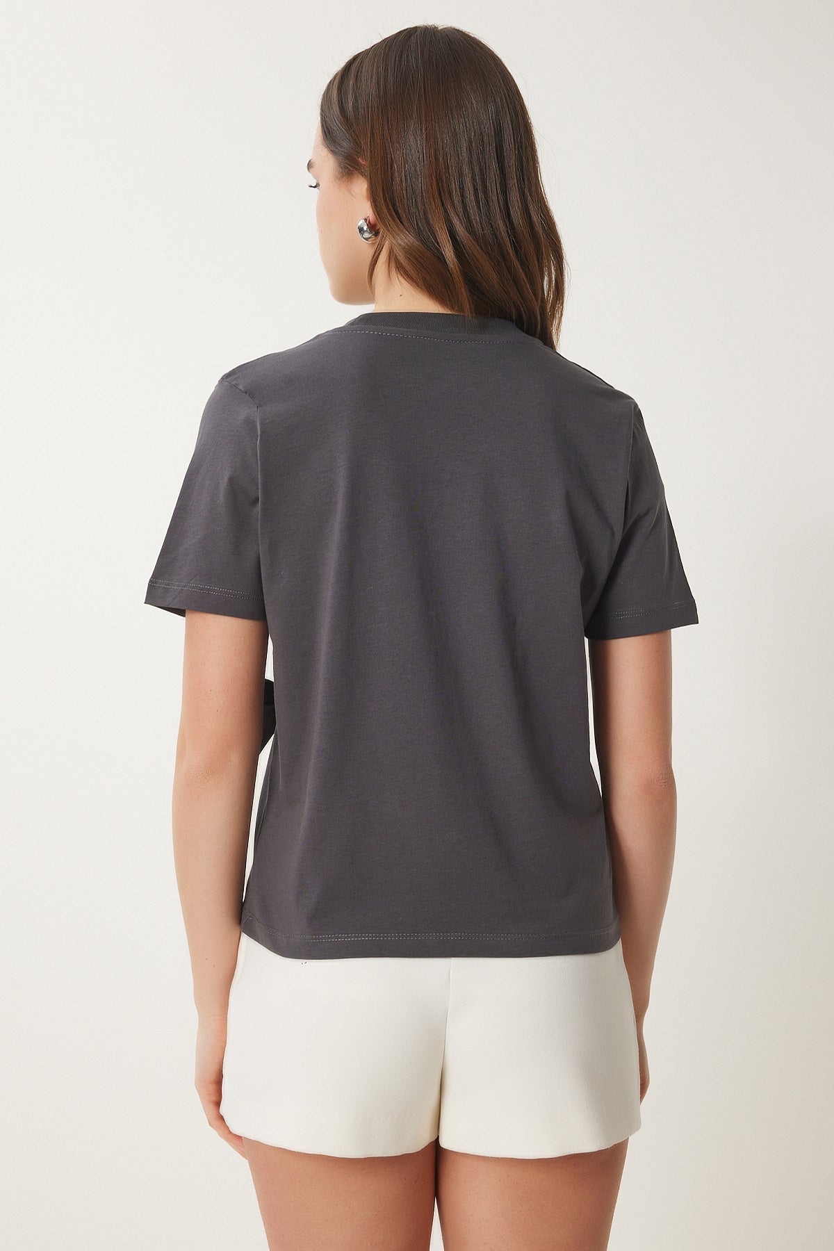 Antrasit Fiyonklu Pamuklu Örme T-Shirt CR00453