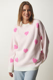 Açık Pembe Kalp Dokulu Oversize Triko Kazak KB00037