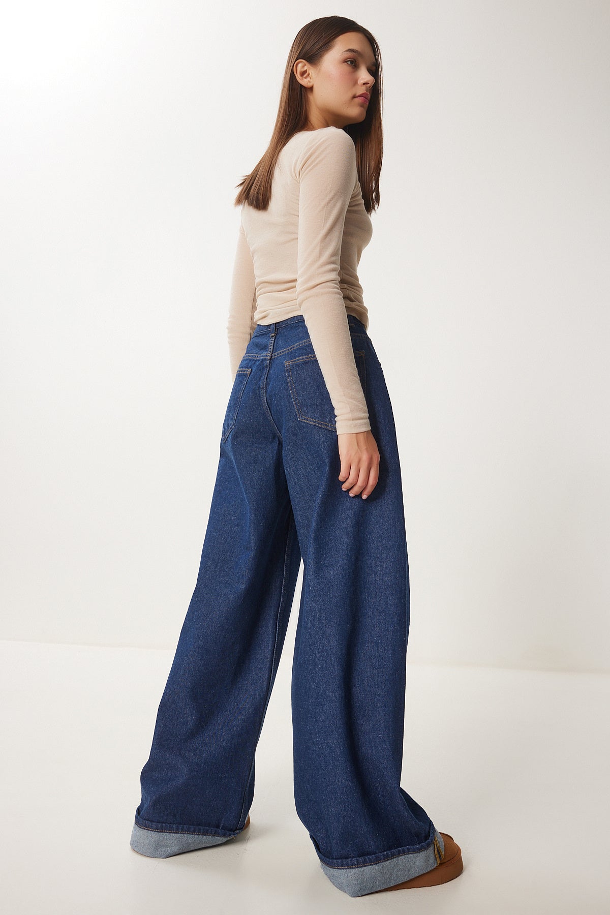Koyu Mavi Yüksek Bel Geniş Paça Jeans RH00032