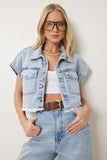 Açık Mavi Püskül Detaylı Oversize Denim Crop Ceket OK00062