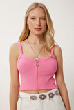 Pembe Gök Mavi Fermuarlı Fitilli Esnek 2’Li Takım Crop Örme Bluz MX00190