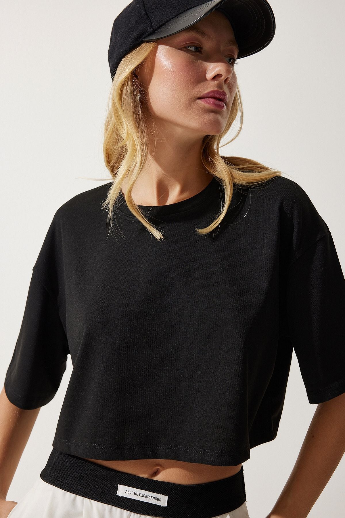 Siyah Basic Crop Örme T-Shirt RG00008